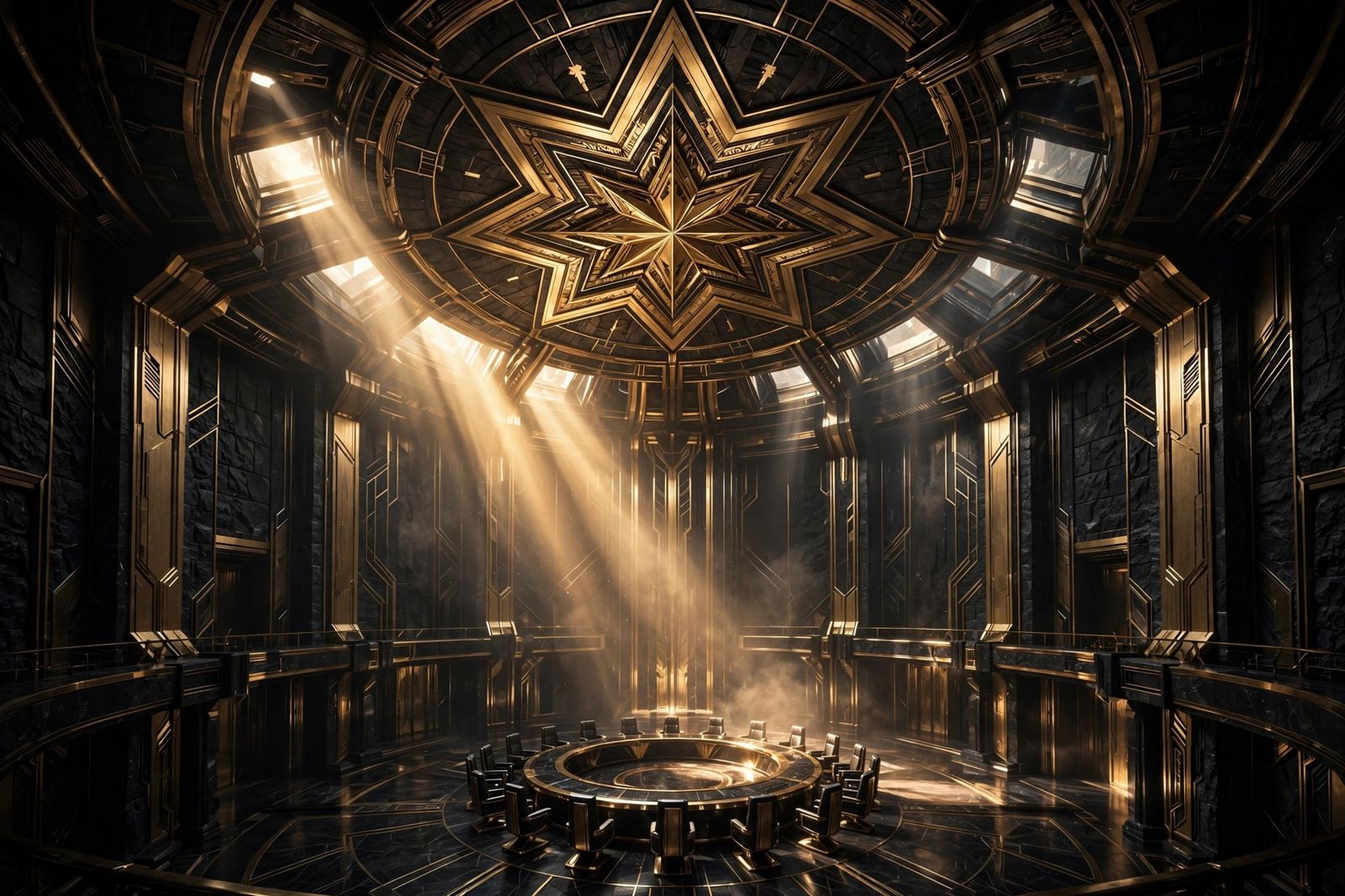 The Tre Capital council rotunda — black stone, gold, and the eight-point star